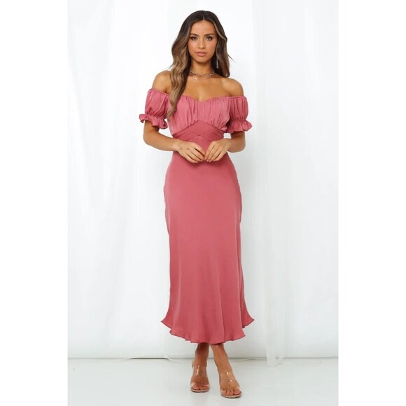 Hello Molly Sky Child Maxi Off Shoulder Satin Dress Rose Pink Sz 8 Coquette - Picture 1 of 13